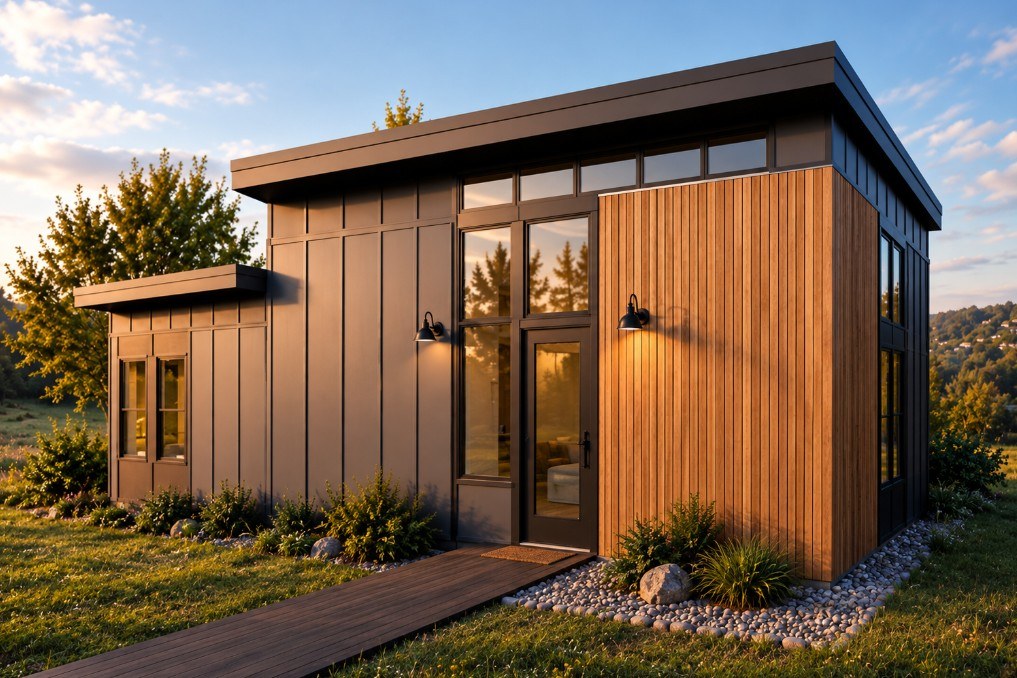 Rendering of the 1,000 sq ft two-bedroom ADU with wood and dark metal cladding