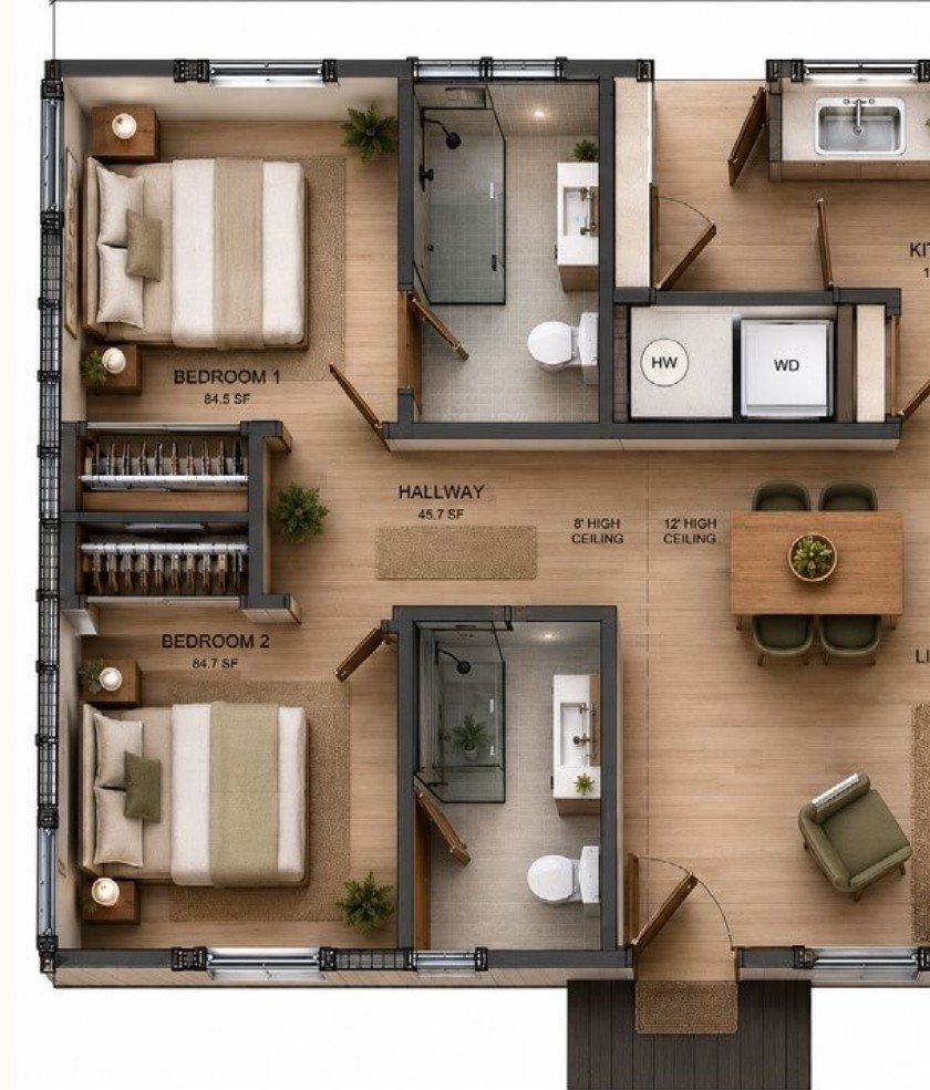 Floor plan of the 600 sq ft ADU, two-bedroom option