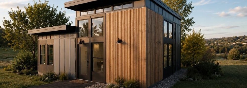 Rendering of a compact Revolution Homes model with wood cladding